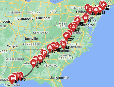 Map for New Orleans to New York - From the homeland of Jazz to the Big Apple